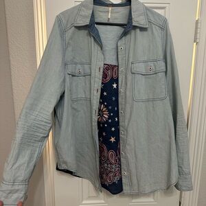 Free People Light Chambray Denim Shirt/jacket with Paisley embroidered back